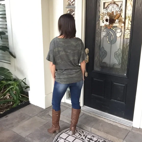 Camouflage Ribbed Ruffle Off Shoulder Dolman Top Green 0919 - Picture 7 of 12